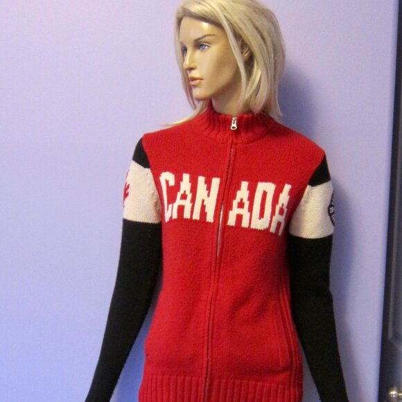 HUDSON BAY CANADA Red Wool 2014 Olympics Flag Beaver Zip Up SWEATER XS - Picture 1 of 11